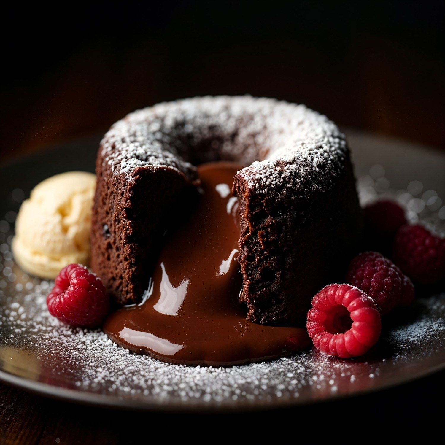 Un fondant au chocolat au cœur coulant, avec une boule de glace vanille et des framboises
