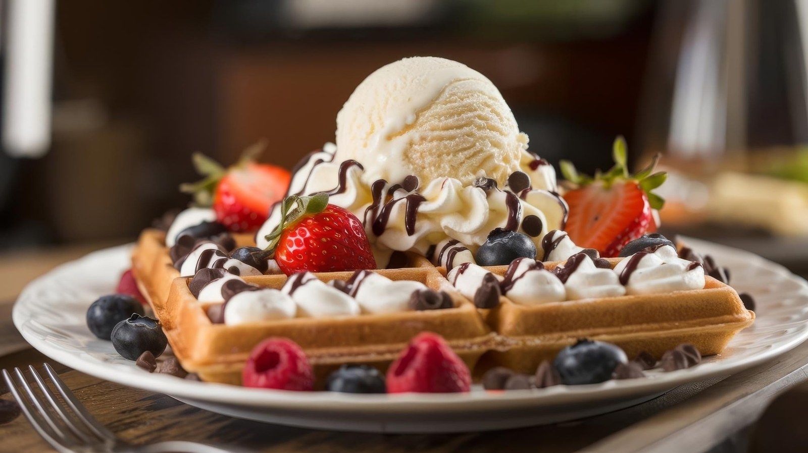 Une gaufre garnie de glace vanille, de chantilly, de fraises et de myrtilles, nappée de chocolat