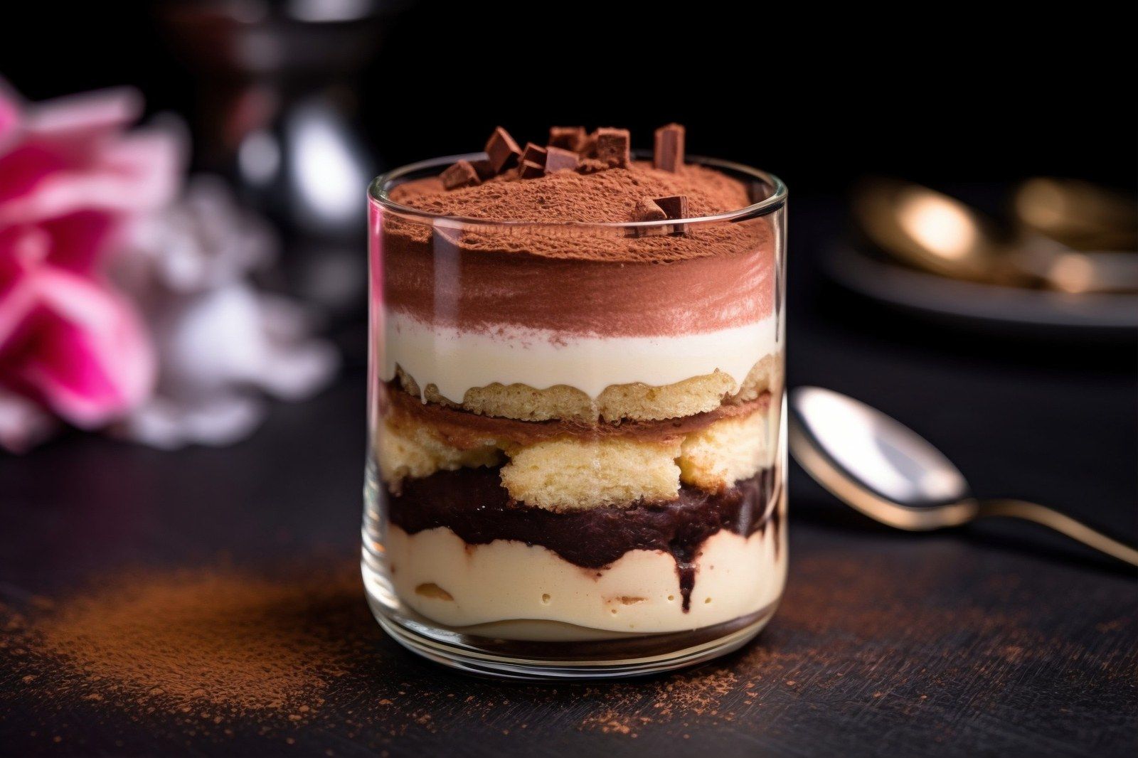Un tiramisu en verrine, saupoudré de cacao et de carrés de chocolat