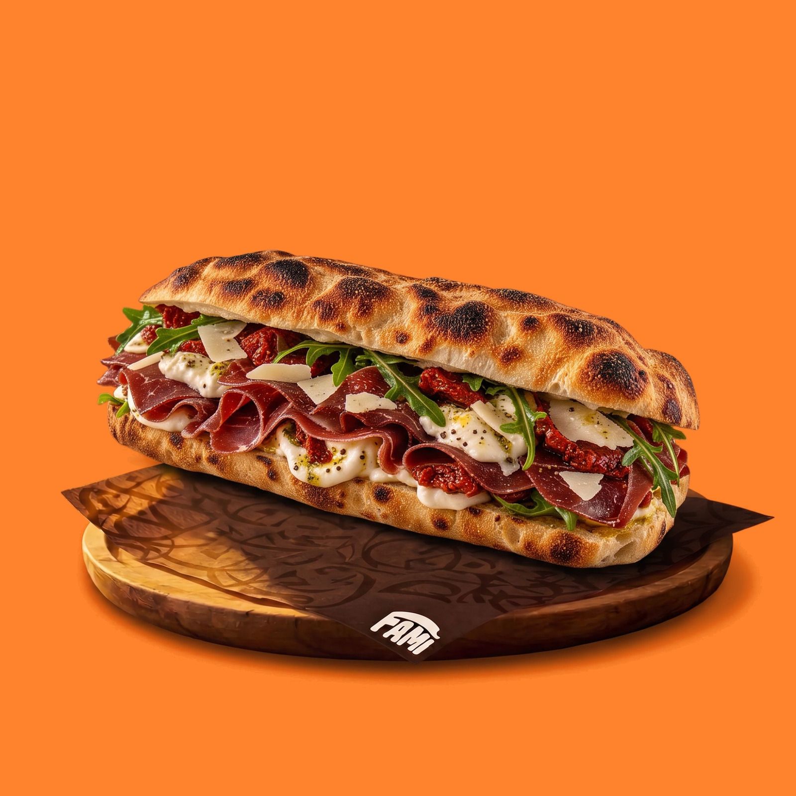 Un panuozzo garni de viande séchée, crème, roquette, tomates séchées et copeaux de fromage, sur une planche en bois et le papier FAMI