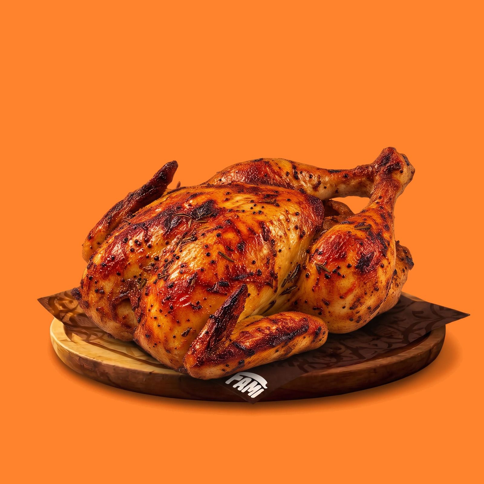 Un poulet rôti entier, doré et épicé, sur une planche en bois et le papier FAMI